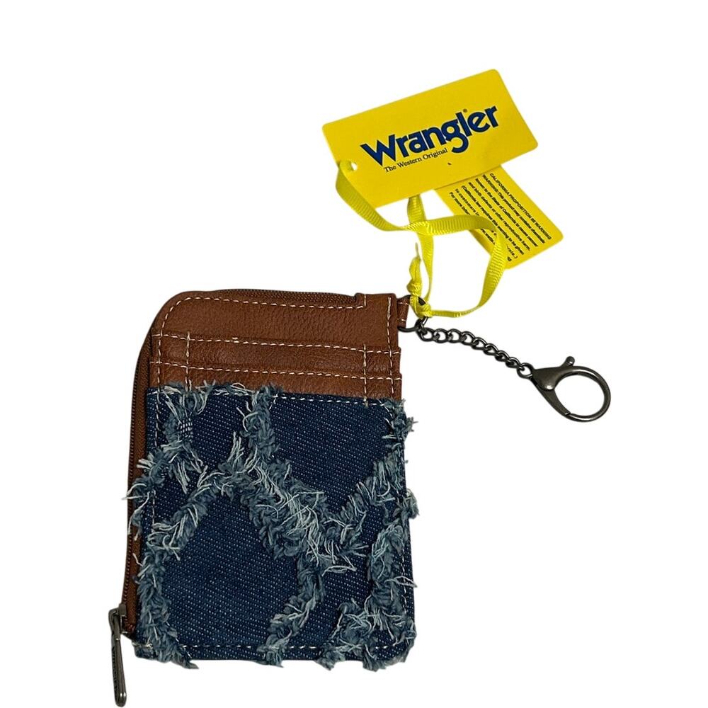 Wrangler 4x5.5 denim and brown faux leather mini zip card case w/keychain